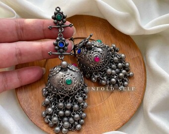 Indiase zilveren geoxideerde jhumki /vrouwen sieraden/Boho sieraden/ketting set/cadeau/traditioneel/lange oorbellen/lichtgewicht
