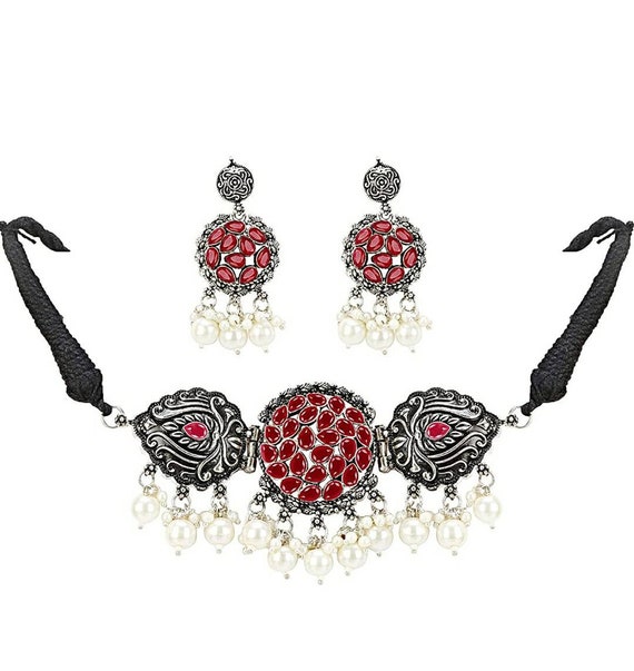 Turkish Stone Choker Silver Oxidised Jewellery Set With Earrings