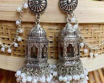 Tempel sieraden Indiase zilver geoxideerde jhumki /vrouwen sieraden/Boho sieraden/ketting set/cadeau/traditioneel/lange oorbellen/