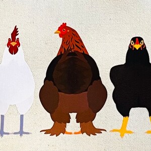 May include: Five different types of chickens, each with unique plumage and colours. The chickens are standing in a row on a white background. The chickens are all facing forward, with their heads held high. The chickens are all different breeds, with different colours and patterns of feathers.