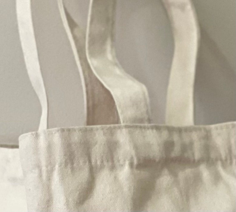 May include: Close-up of the top of a white canvas tote bag with two straps. The straps are folded over the top of the bag and stitched in place.
