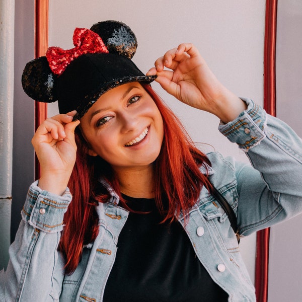 Black Sequin Mouse Ears Baseball Ball Cap // Adjustable size strap for adults and kids // Multiple Color Options available
