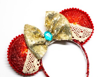 Sequin Mouse Ears, Red and Gold Bow, Cosplay Headband