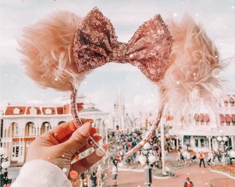 Millennial Pink Fur with Rose Gold Bow mouse ears