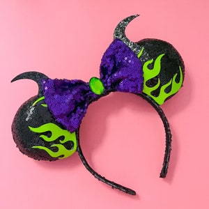Maleficent Inspired villain sequin mickey and Minnie mouse ears with glitter horns