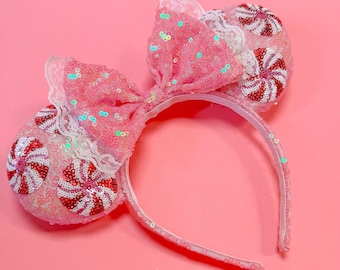 Christmas Pink Peppermint Sequin Mickey and Minnie Mouse Ears