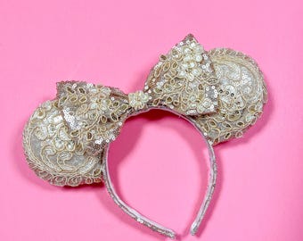 Champagne lace designer bridal minnie mouse ears with or without veil
