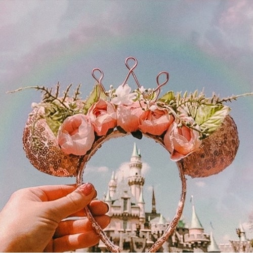 Rose Gold Floral disney Mouse Ears with crown