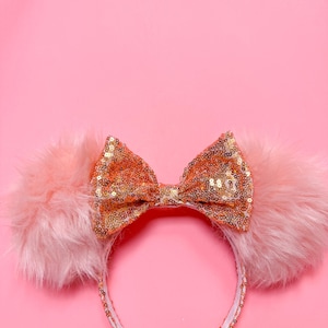 Pink Fur mouse ears with Sequin Rose Gold Bow Ears for Disney