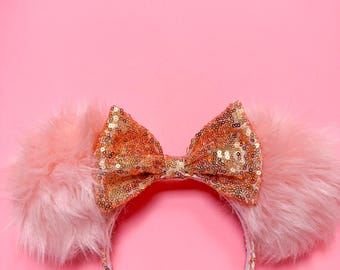 Pink Fur mouse ears with Sequin Rose Gold Bow Ears for Disney