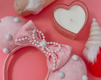 Valentines Pink Pearl Velvet Minnie and Mickey Mouse Ears