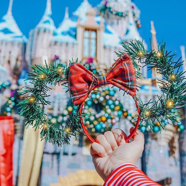 Christmas Mouse Ears Headband: Holiday Plaid Bow, Silk Flowers