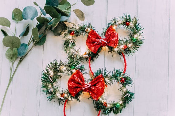 Christmas Tree Wreath Disney Inspired Mouse ears with ornaments and candy canes