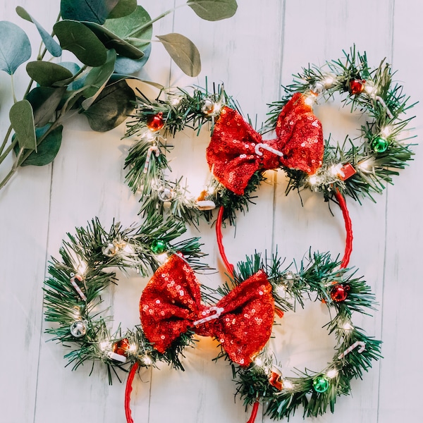 Christmas Wreath Mouse ears with ornaments and candy canes (will arrive before Christmas)