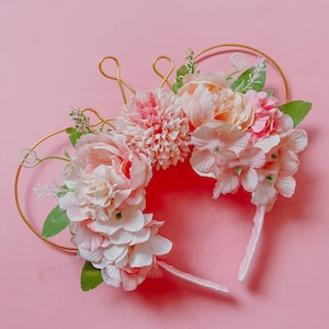 Floral Mouse Ears: Pink Peony Rose Gold Wire Headband