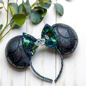 Iridescent Black Mermaid Mouse Ears with pearls and crown
