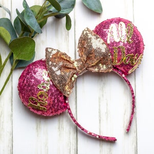Uszy myszy Rose All Day, uszy Disneya, uszy jedzenia i wina, uszy jedzenia Disneya, uszy przekąsek Disneya, uszy myszy wina, różowo-złote uszy myszy