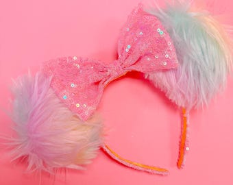 Pastel Rainbow Fur Mouse Ears with Sequin Bow