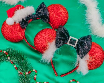 Santa Clause Mickey Mouse Red Sequin Disney ears