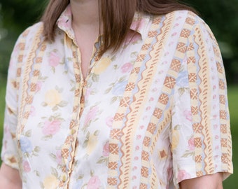 Vintage Yellow Print Shirt, Floral Button Up Blouse Size M