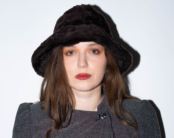 Vintage Brown Faux Fur Hat, Wide Brim Bucket Hat