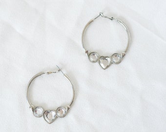 Y2K Silver Metal Hoops, Crystal Heart Medium Earrings