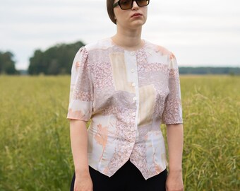 Blusa Vintage Estampada Beige Años 70 Talla M
