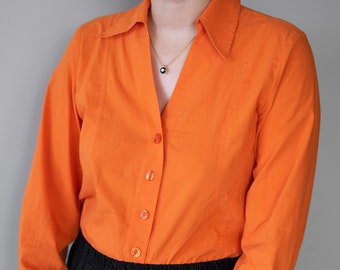 Vintage Orange Blouse, Cotton Button Up Shirt Size M/L 90s