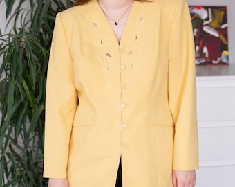 Vintage Pastel Yellow Emboidered Blazer Jacket Size M/L 80s