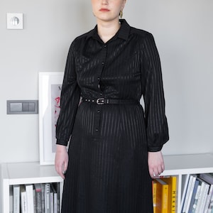 Vintage Black Striped Belted Dress, Button Down Dress Size M 70s