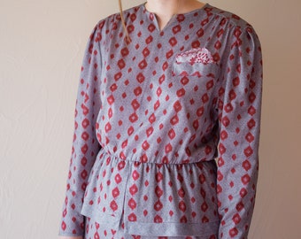 Vintage Retro Dress, Blue-Red Print Dress Size L 80s
