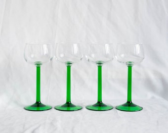 Vintage Green Stem Wine Glasses Set Of 4, Luminarc Tall Glasses Made In France 70s