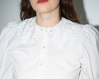 Vintage White Blouse, Embroidered Large Collar Shirt Size S/M