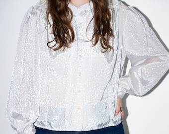 Blusa Vintage Satén Blanca, Camisa Elegante Estampado Talla M/L