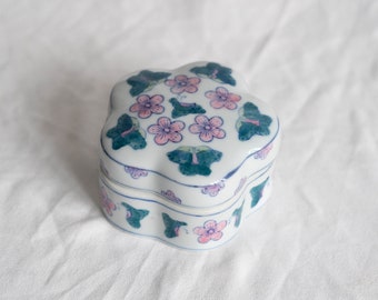 Caja de baratijas de cerámica vintage, caja de joyería floral