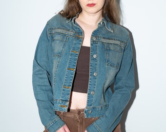 Jaqueta jeans azul Y2K, jeans de lavagem média tamanho S/M