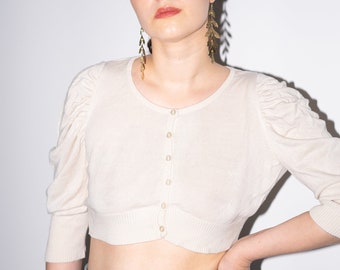 Vintage Beige Cropped Cardigan, Button Up Crop Top Size M