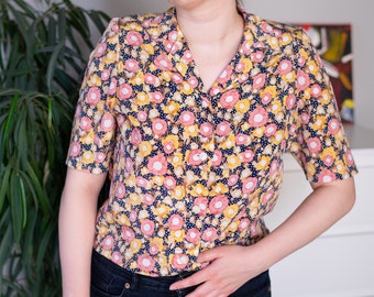 Vintage Colorful Floral Short Sleeve Blouse, Button Up T-Shirt Size S/M 70s