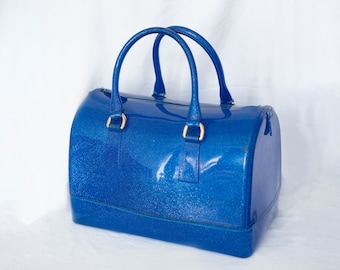 Blue Jelly Glitter Travel Bag, Overnight Bag Y2K Luggage