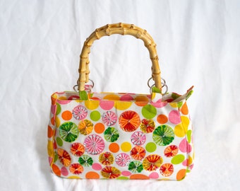 Colorful Polka Dot Handbag, Bamboo Handles, Embroidered Statement Bag