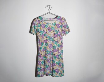 60s Floral Summer Dress, Vintage Multicolor Mini Dress Size S