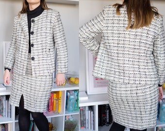 Vintage White Plaid Knit Skirt Suit Made In France Size L