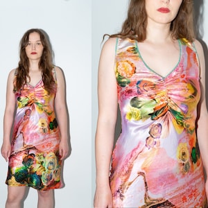 Vintage Satin Pink Floral Dress, Rose Summer Dress Y2K Size M/L