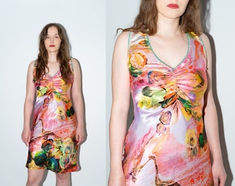 Vintage Satin Pink Floral Dress, Rose Summer Dress Y2K Size M/L