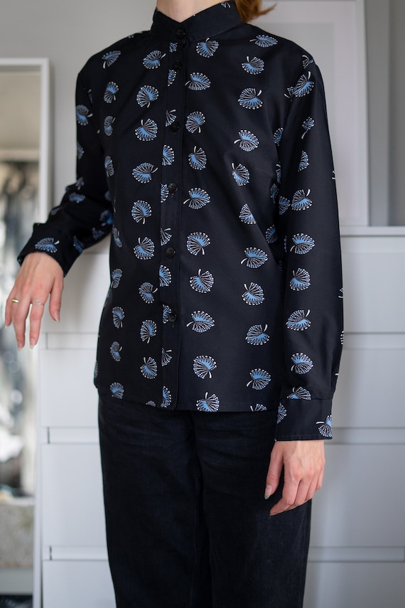Vintage Black Blouse With Blue Leaf Pattern, Mockn
