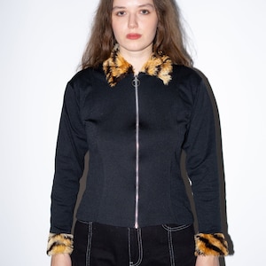 Vintage Black Zipper Jakcet, Faux Fur Animal Print Zip Up Top Size M