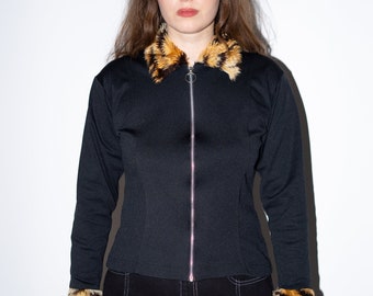 Vintage Black Zipper Jakcet, Faux Fur Animal Print Zip Up Top Size M