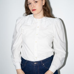 Vintage White Blouse, Embroidered Large Collar Shirt Size S/M - Etsy