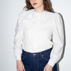 Vintage White Blouse, Embroidered Large Collar Shirt Size S/M - Etsy