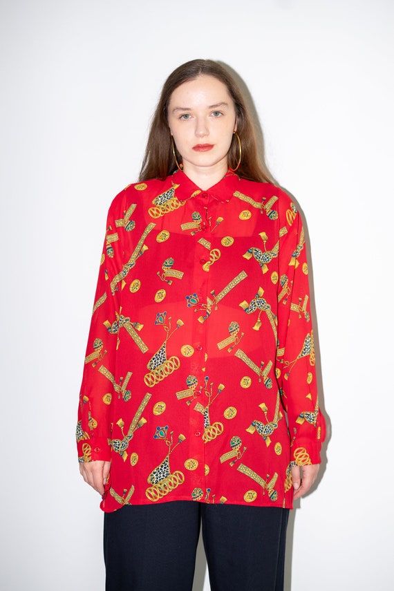 Vintage Red Baroque Pattern Blouse, Button Up Chi… - image 6
